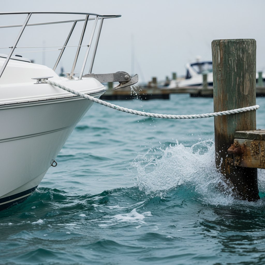 رسم توضيحي يظهر خط ربط مرن يمتد تحت تأثير موجة، يمتص الطاقة بين هيكل القارب وعمود الرصيف في ظروف بحرية مضطربة مع مياه زرقاء وسماء رمادية