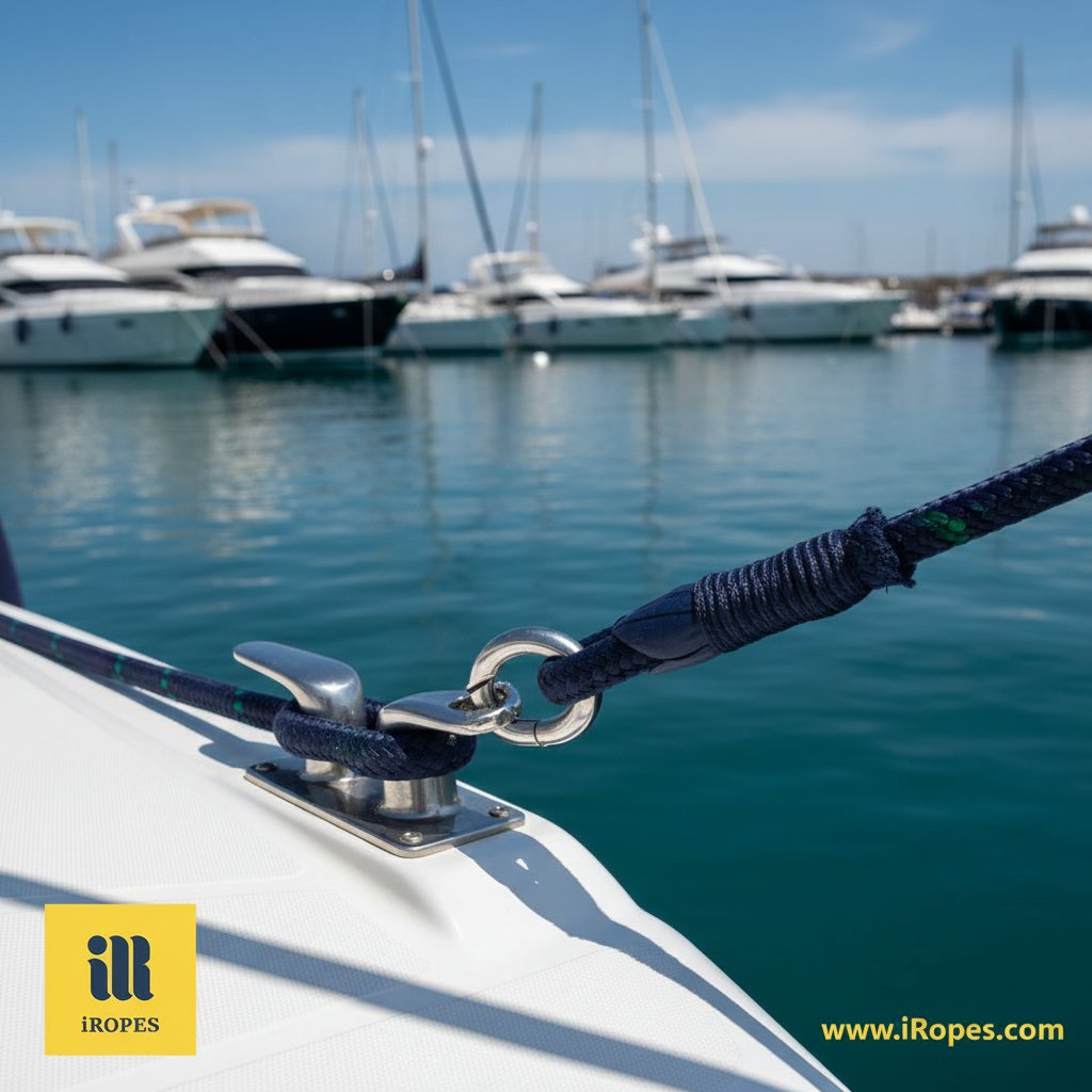 لقطة مقربة لحبل ربط مرن مثبت على كلابة يخت، يمتد قليلاً تحت حركة القارب مع غطاء منسوج مرئي وخطاف سناب في إعداد مرفأ تحت سماء صافية