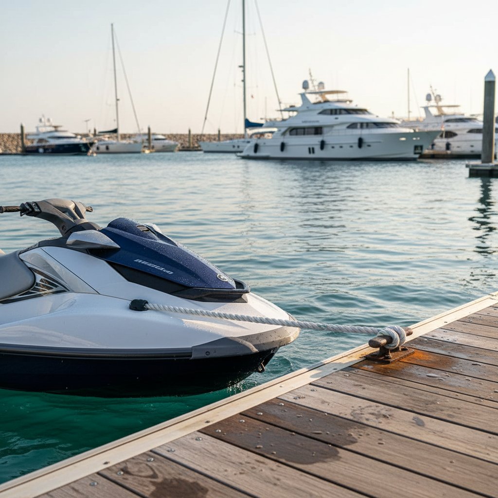 جت سكي مربوط بحبل ربط مرن يمتد بين المركبة والرصيف الخشبي وسط أمواج خفيفة، يظهر التواء في الحبل تحت توتر خفيف مع مياه زرقاء ويخوت بعيدة