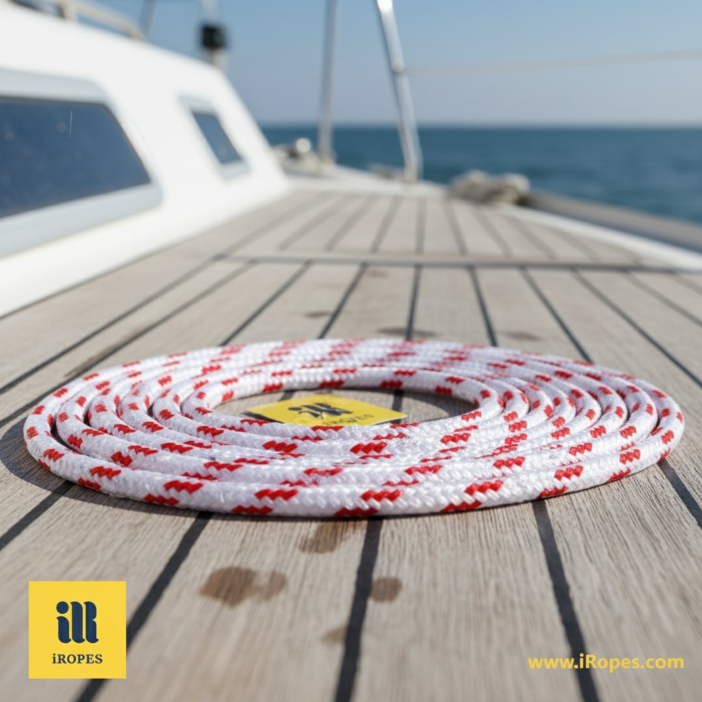 Close-up of thin marine-grade boat cord coiled on a wooden deck, showing flexible nylon fibres in blue and white, glistening with seawater under bright sunlight to highlight UV resistance and lightweight texture against a blurred boat hull background.