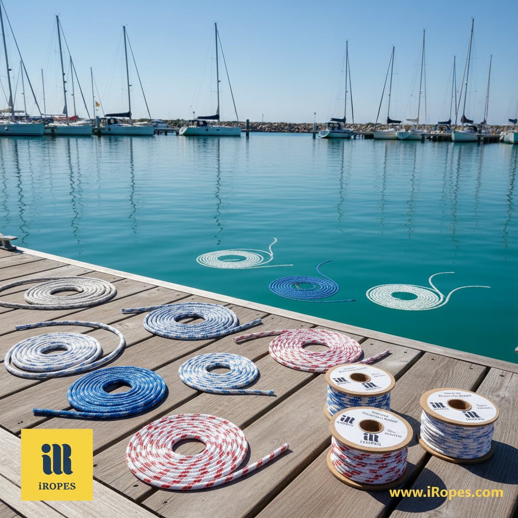 Assorted thin marine cords in nylon and polypropylene coiled neatly on a sunny dock, showing floating samples in shallow water and custom-labeled spools with diameter markings against a harbour backdrop of moored boats and calm seas.