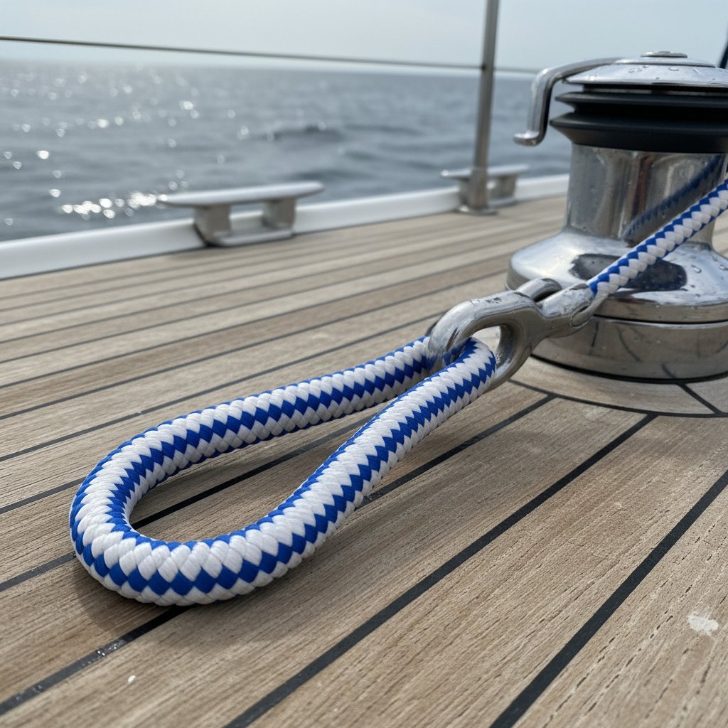 柔軟編接合成繩索末端特寫，固定至遊艇收帆器的墊圈與鉤環，光滑纖維融入環圈，對比甲板背景，強調海洋燈光下的牢固無絆連接。