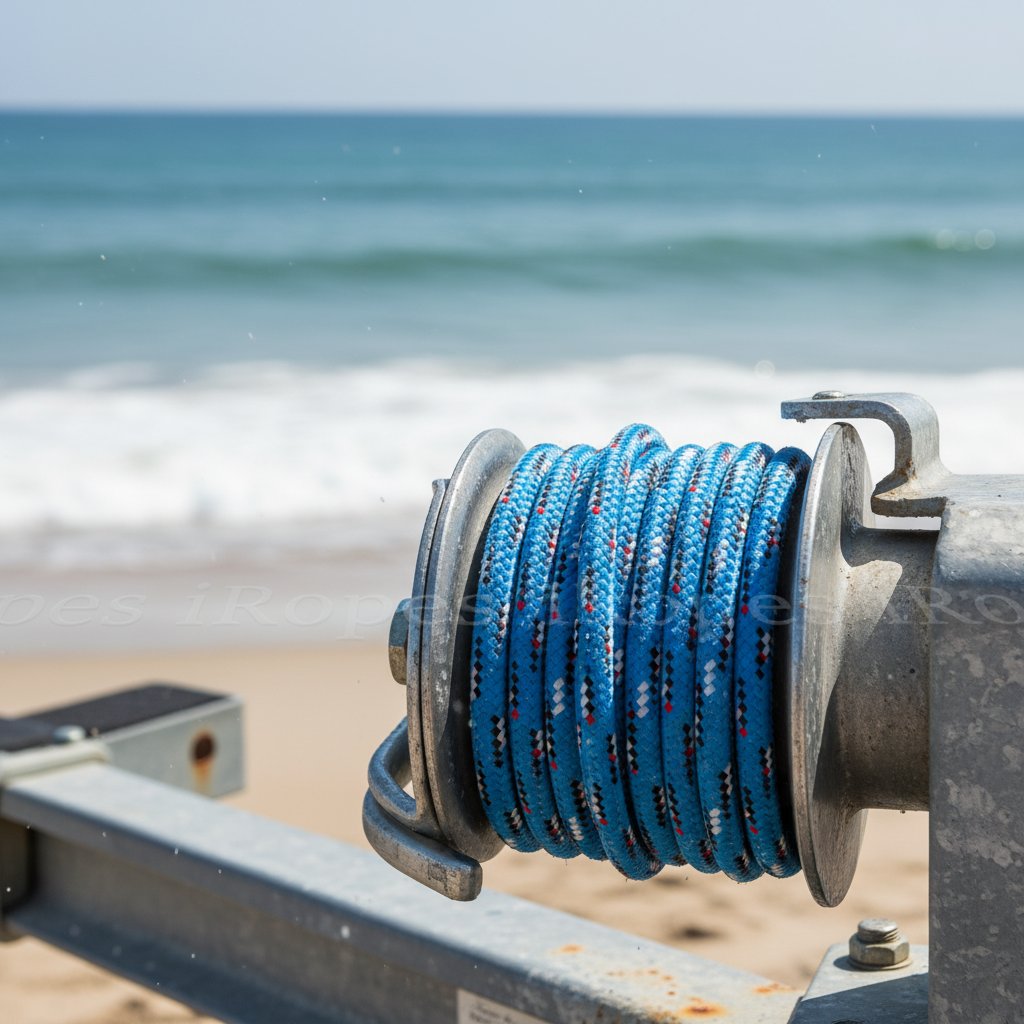 لقطة مقربة لحبل صناعي متين ملفوف على برميل ونش مقطورة قارب، يظهر ملمسًا ناعمًا ولونًا أزرق على خلفية بحرية مالحة مع أمواج في الأفق