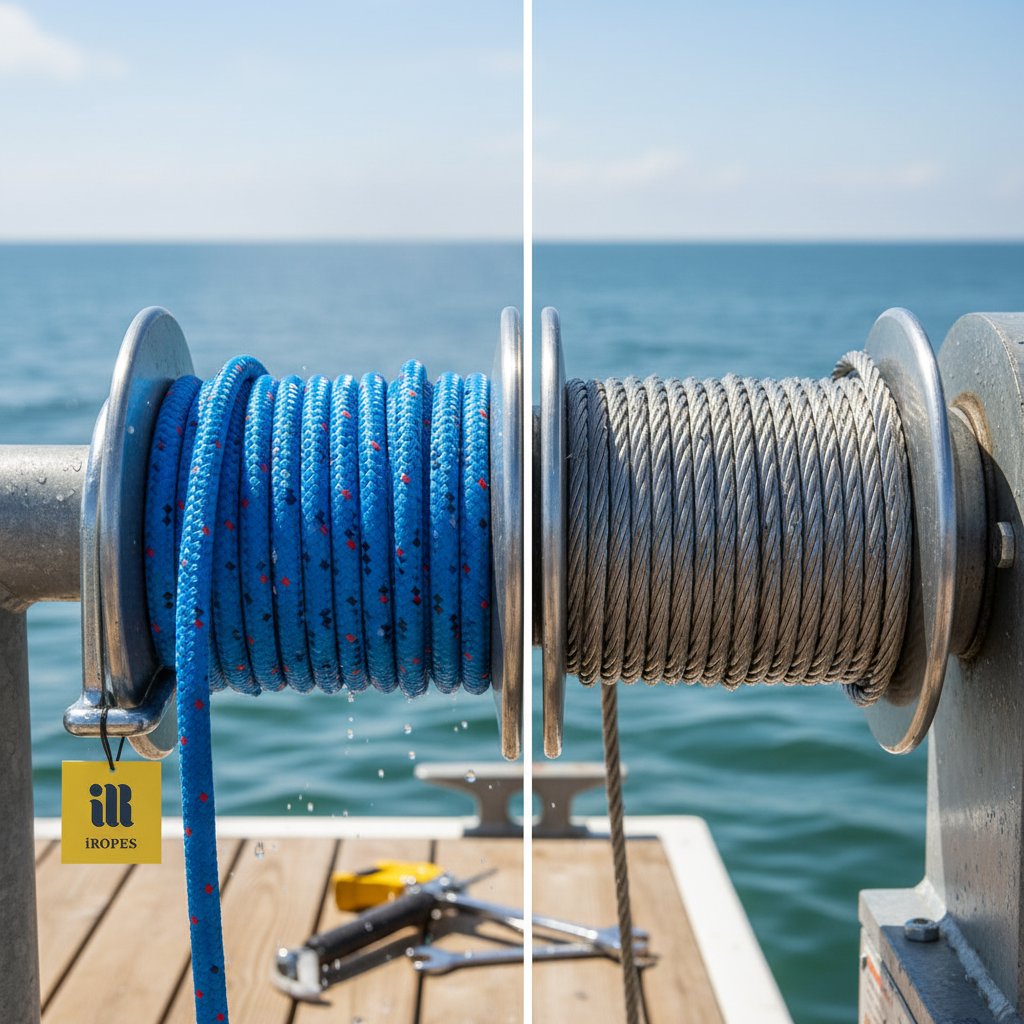 مقارنة جانبية بين حبل دينيما صناعي أزرق وكابل فولاذي مجلفن ملفوفين على ونش مقطورة قارب، يبرزان الألياف الخفيفة مقابل خيوط المعدن الثقيلة تحت ظروف بحرية مشمسة مع رذاذ المحيط مرئي