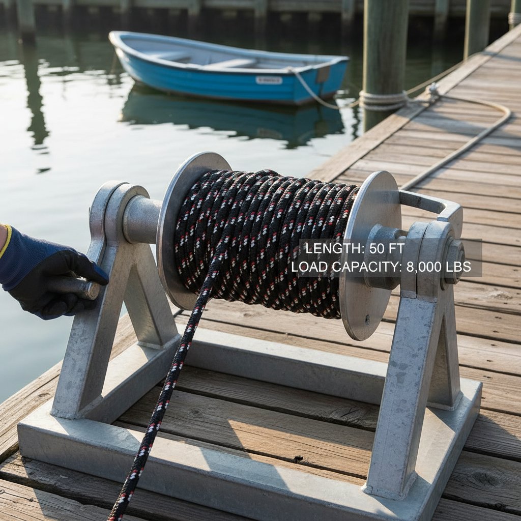 ونش مقطورة قارب بحبل صناعي محدد الحجم ملفوف بشكل متساوٍ على البرميل، قطر محدد عند 3/8 إنش، على خلفية ميناء هادئ مع قياسات مرسومة للطول والسعة