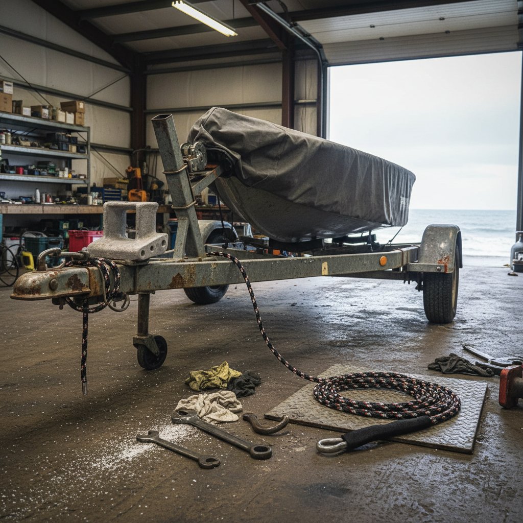 مقطورة قارب مجهزة بدليل حبل هاوسي، نهاية حبل معززة بصِمَام، أكمام واقي احتكاك، وغلاف تخزين مرمي على الونش في ورشة ساحلية مالحة، أدوات مبعثرة قريبًا تحت سماء غائمة