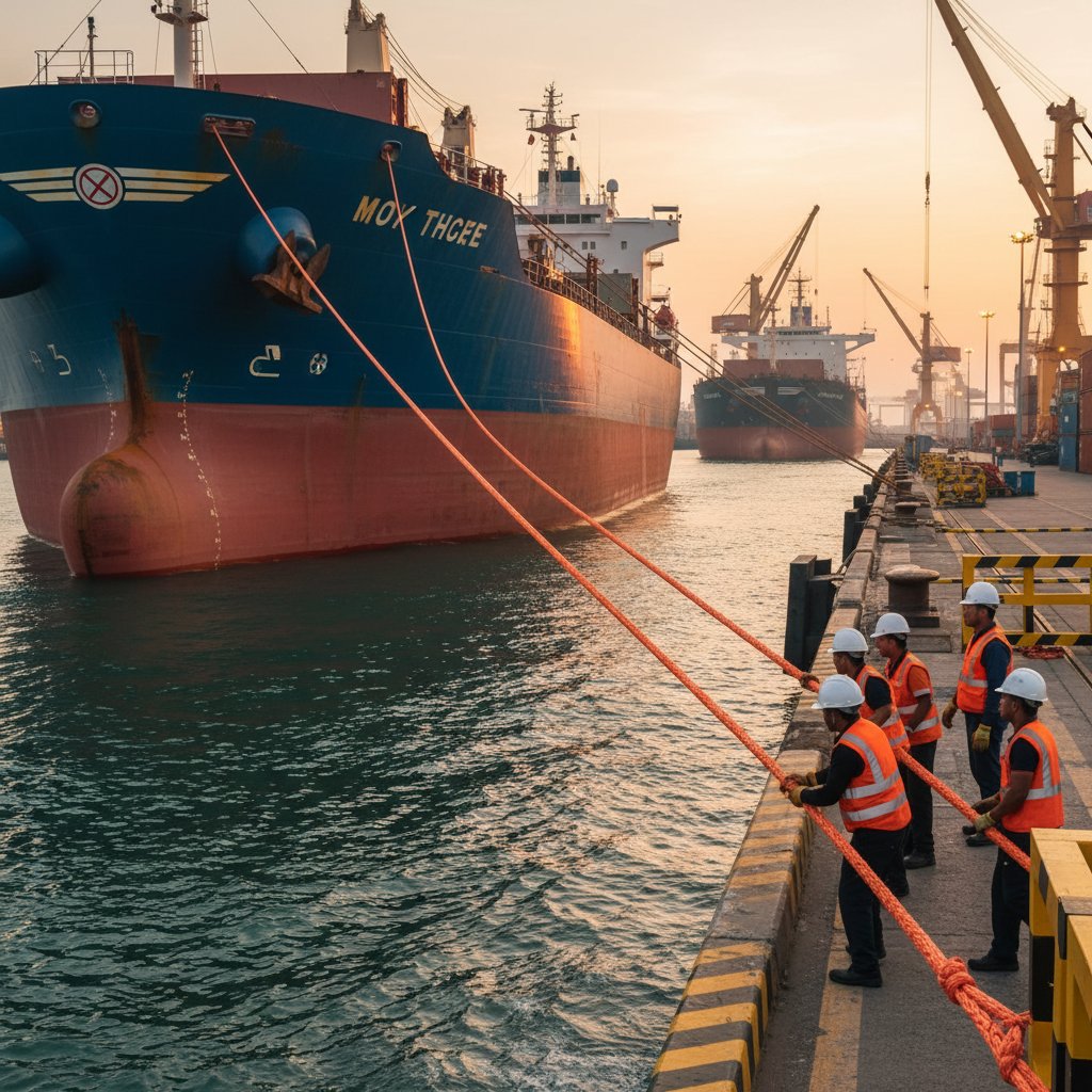 一艘大型貨船使用粗壯靠泊繩索與錨具固定在港口堤岸，船員在輕柔浪花中處理繩索，背景有停靠船隻，強調穩定與安全措施。