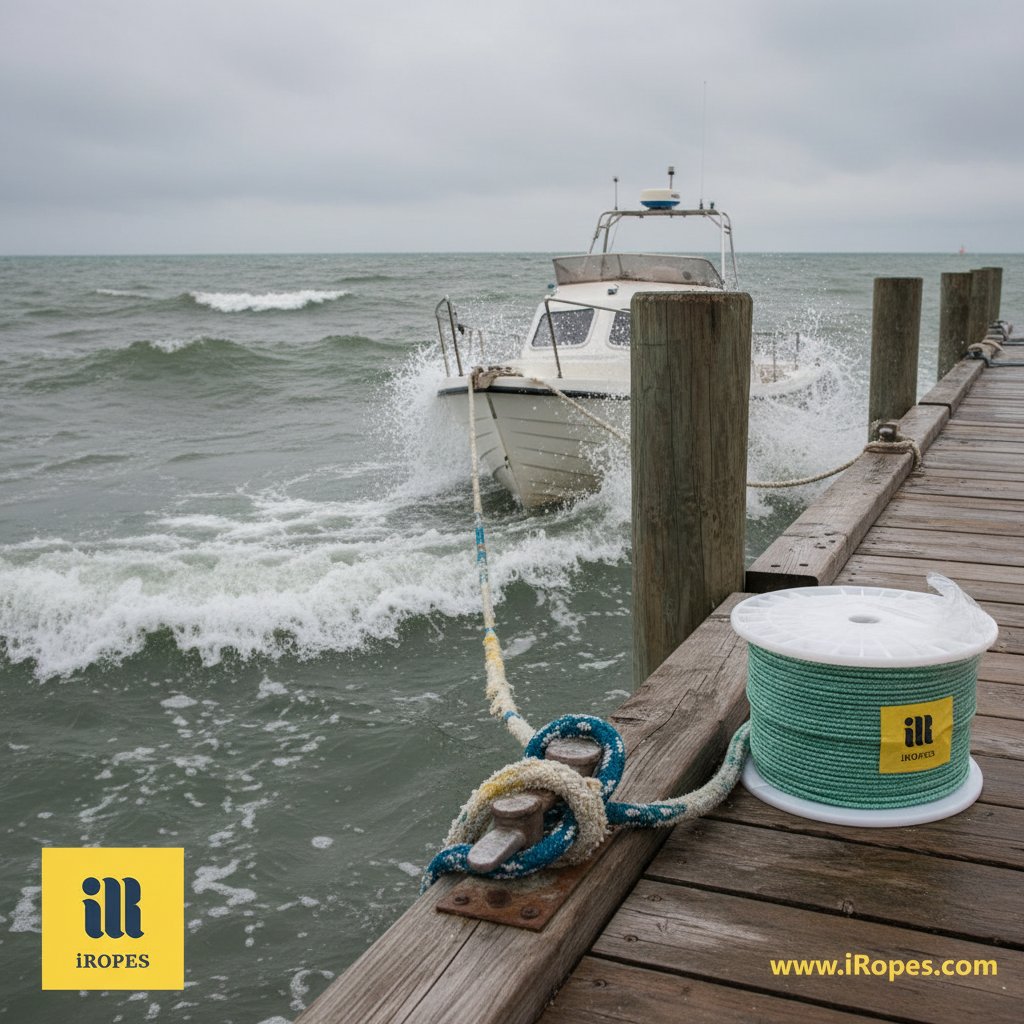 حبل ربط متآكل يظهر تدهورًا بسبب الأشعة فوق البنفسجية وتآكل الملح على قارب في ظروف بحر خشن، مع شقوق مرئية وتلاشي لون الألياف