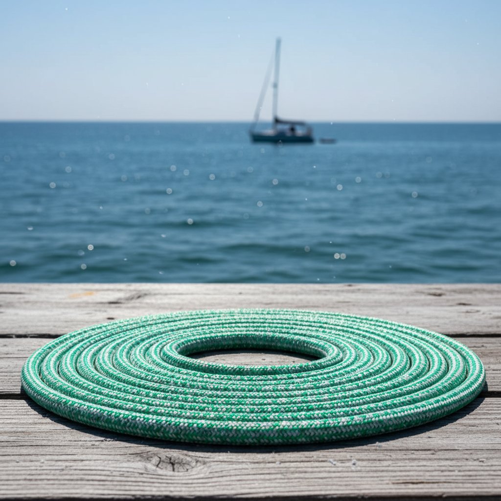 لقطة مقربة لحبل ربط بحري نايلون مزدوج الضفيرة ملفوف على مرفأ خشبي، يظهر نسيجًا ناعمًا ولونًا حيويًا ونسيجًا قويًا على خلفية محيط أزرق مع قارب في البعيد