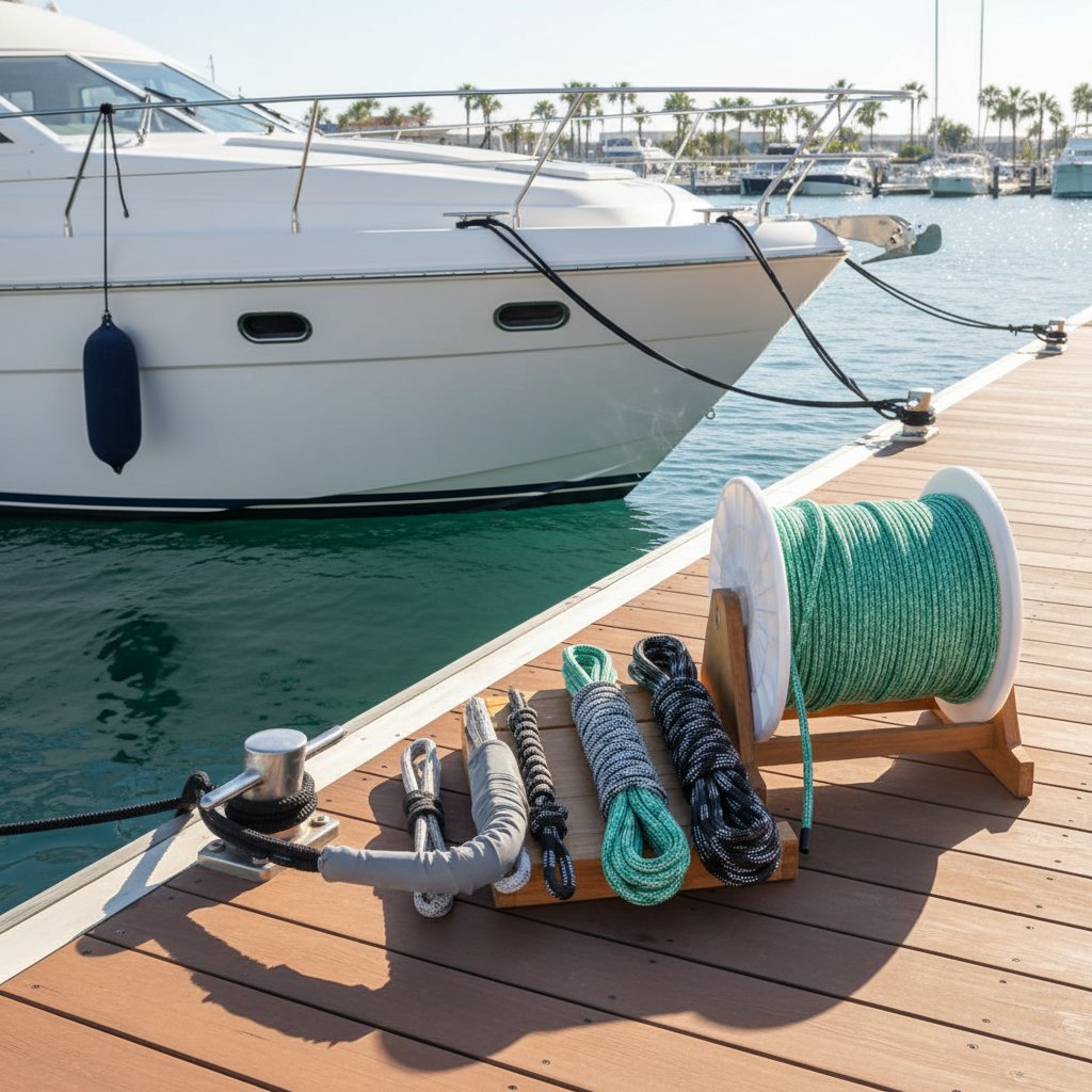 مجموعة متنوعة من أحبال ربط القوارب مع حلقات عيون مُربوطة مسبقًا، وحمايات احتكاك، وشرائط عاكسة معروضة على مرفأ ميناء بجانب سفينة متوسطة الحجم، تبرز أقطارًا متنوعة وتثبيتات آمنة تحت ضوء النهار