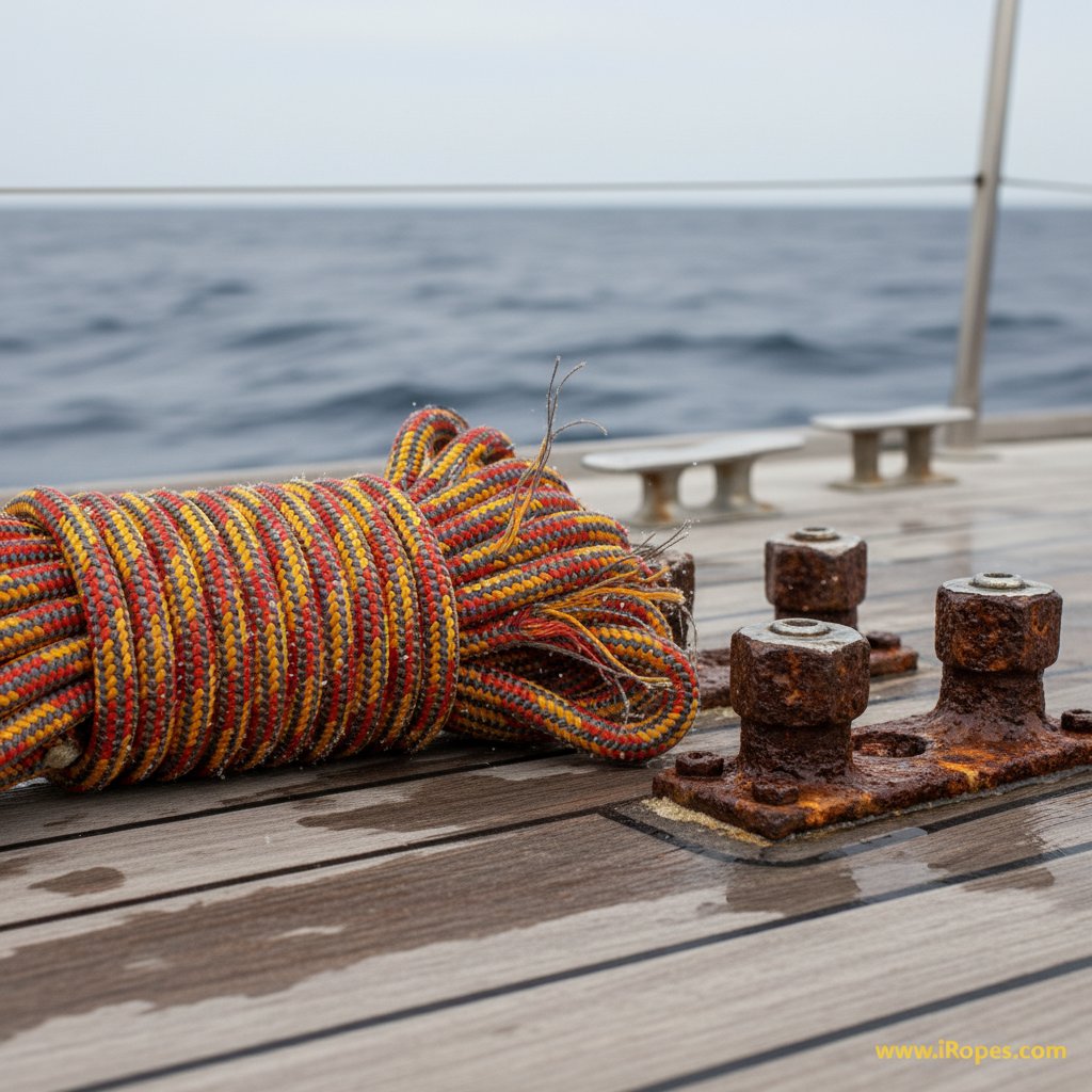 Close-up of weathered marine rigging supplies on a yacht deck showing signs of wear like frayed ropes and rusted fittings under salty ocean spray