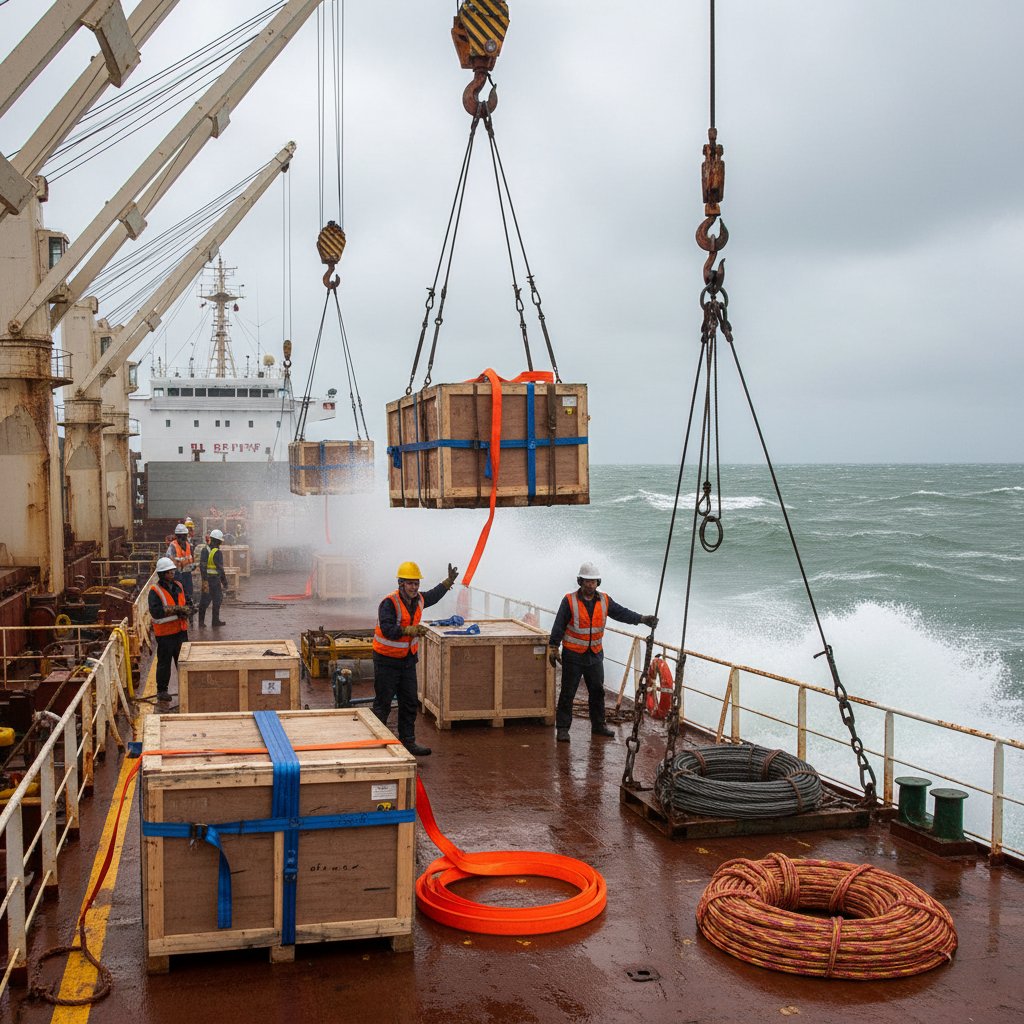 Assorted marine slings in use on a deck including web eye and eye type lifting a load round synthetic wrapping cargo and wire rope bridle securing equipment amid ocean waves
