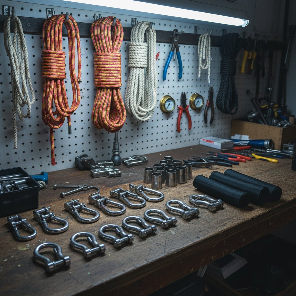 Array of marine rigging accessories on a workshop bench including stainless shackles with safety pins curved hooks with latches protective thimbles and tubular chafe gear sleeves against a backdrop of coiled ropes and ocean tools