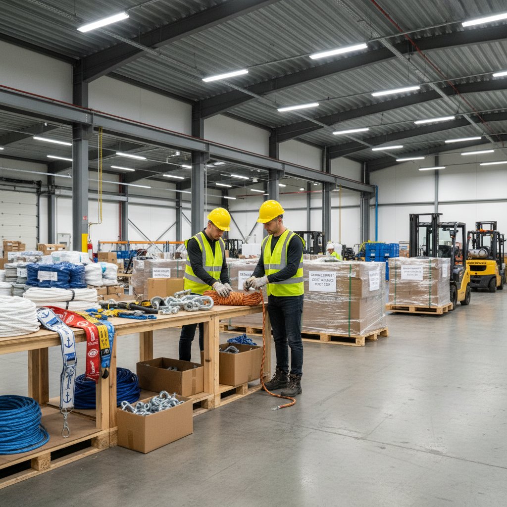 Warehouse scene of bulk marine rigging supplies being packaged including coiled Dyneema ropes custom-branded slings and secured pallets ready for global shipment with workers in safety gear