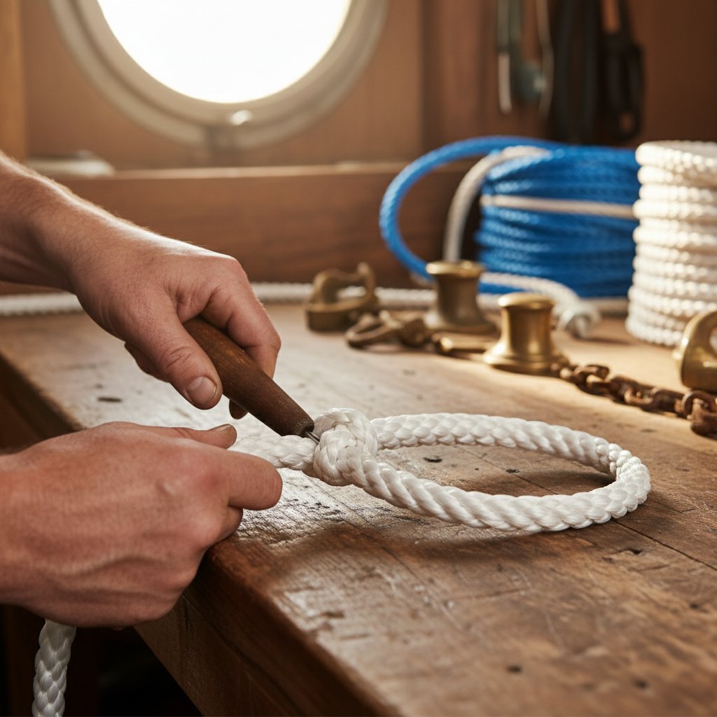 Step-by-step close-up of an 8-strand eye splice on polyester mooring rope, showing paired strands being tucked evenly with a fid tool, forming a neat loop against a nautical background of coiled lines and marine hardware