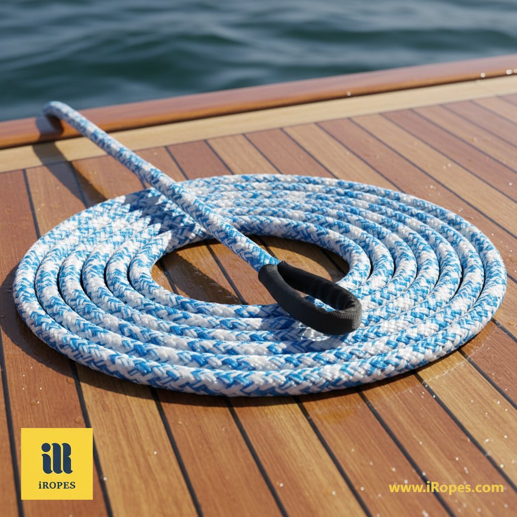 যাচের ডেকে HMPE এবং Dyneema-এর মতো সিন্থেটিক দড়ির ফাইবারের ক্লোজ-আপ, যা নীল সমুদ্রের ঢেউয়ের বিরুদ্ধে তাদের মসৃণ সাদা সুতো দেখাচ্ছে, সমুদ্রীয় পরিবেশে শক্তি এবং UV প্রতিরোধ হাইলাইট করে