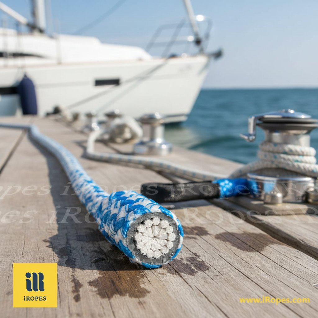 ব্রেইডেড কার্নম্যান্টল দড়ির বিস্তারিত ক্রস-সেকশন যা শীথ এবং কোর লেয়ার দেখাচ্ছে যাচ রিগিং ব্যাকগ্রাউন্ডের বিরুদ্ধে, সূর্যালোকের নিচে সাদা এবং নীল রঙের ফাইবার ঘুরছে, ভেজা সমুদ্রীয় অবস্থায় স্থায়িত্ব জোর দিয়ে