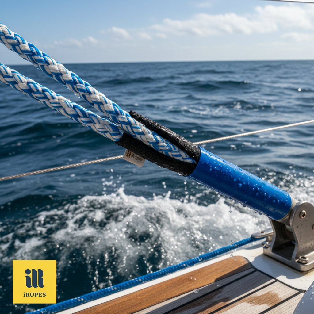 যাচে ব্যবহারে কোটেড সমুদ্রীয় দড়ি, নীল রিগিংয়ে চপি সাগরের ঢেউয়ের বিরুদ্ধে জলের ড্রপলেট দিয়ে চকচক করা গ্লসি পলিউরেথেন লেয়ার দেখাচ্ছে, বাস্তব লবণাক্ত জলের এক্সপোজারে জল প্রতিরোধ এবং UV সুরক্ষা চিত্রিত করে