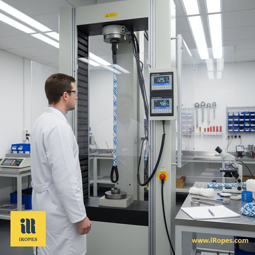 ল্যাবে টেকনিশিয়ান সমুদ্রীয় দড়ির উপর টেনসাইল স্ট্রেংথ টেস্ট চালাচ্ছে, হাইড্রলিক মেশিন সাদা সিন্থেটিক সুতোকে লিমিট পর্যন্ত টেনে নিরাপত্তা ব্যারিয়ার এবং মাপের টুলের মধ্যে, কন্ট্রোলড পরিবেশে টেনশন এবং নির্ভুলতা ক্যাপচার করে