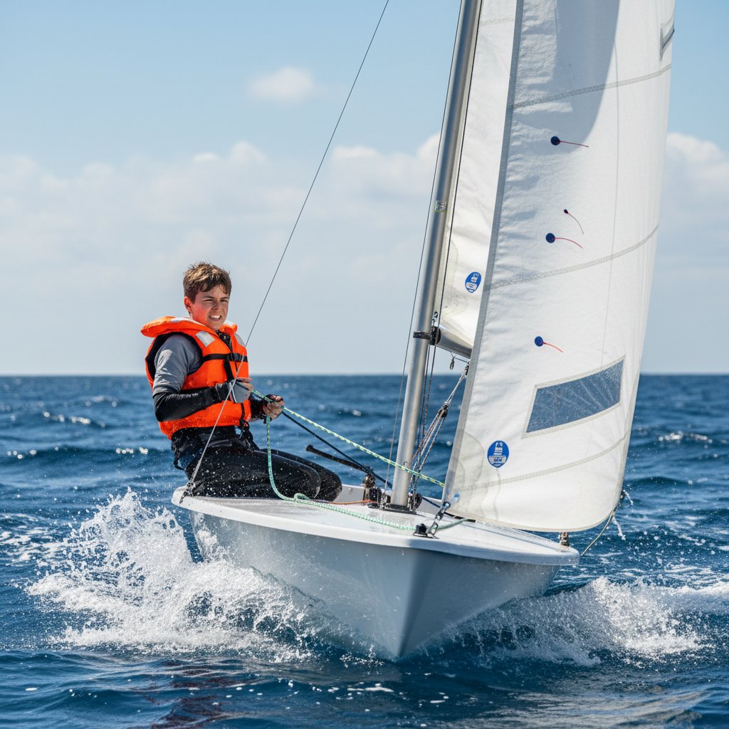 新手水手在風大環境下調整 ILCA 級別小型帆船的彈性控制索，顯示帆張飄動與挫敗表情，在波濤水面與藍天下