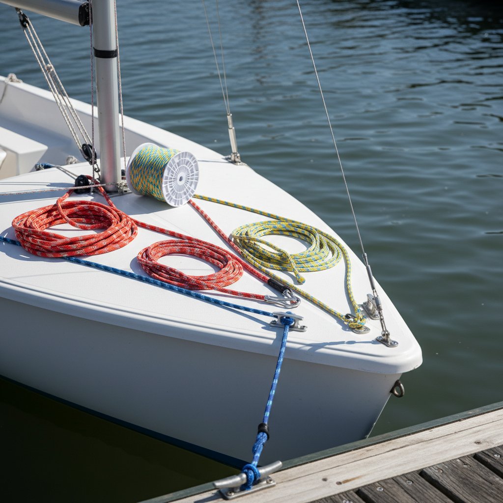 客製 iRopes Dyneema 繩索以團隊色捲於小型帆船甲板，安裝護圈與夾具，在碼頭明亮陽光下顯示多種直徑與接合端