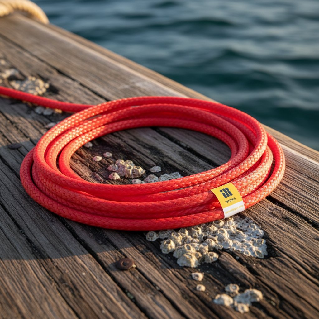 সূর্যালোকে একটা নৌকার ঘাটে পলিউরেথেন কোটিং সহ ঘর্ষণ-প্রতিরোধী দড়ির ক্লোজ-আপ, বর্দি এবং কাঠের শিরায় অক্ষত ফাইবার