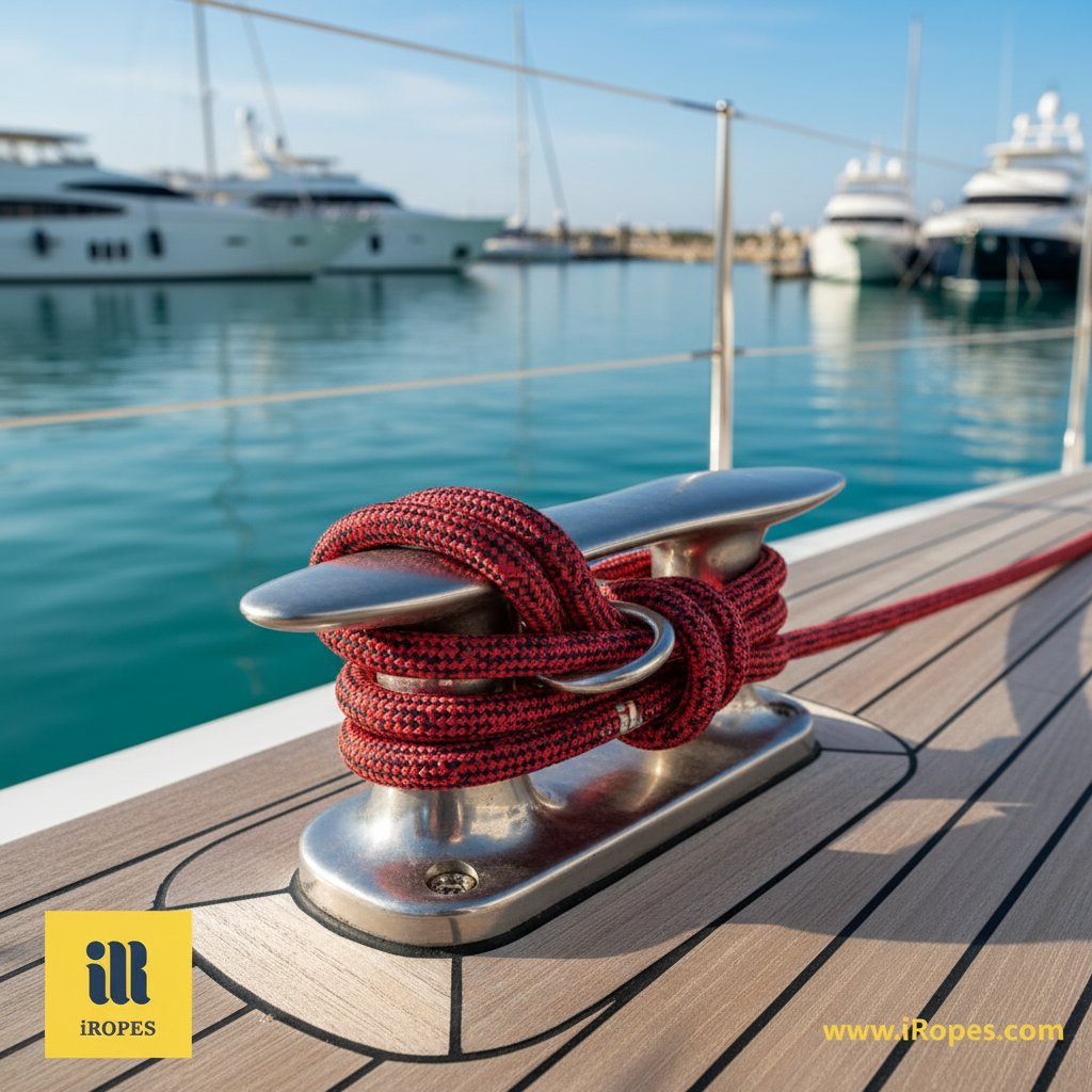 নীল আকাশ এবং শান্ত জলের অধীনে ধাতুর ক্লিটের বিরুদ্ধে ন্যূনতম ছেঁড়া সহ থিম্বলযুক্ত কম-স্ট্রেচ ডাইনিমা ফিচার করে সূর্যালো বন্দরে মোয়রিংয়ের সময় একটা ইয়ট ডেকে কয়েলড বাণিজ্যিক দড়ি