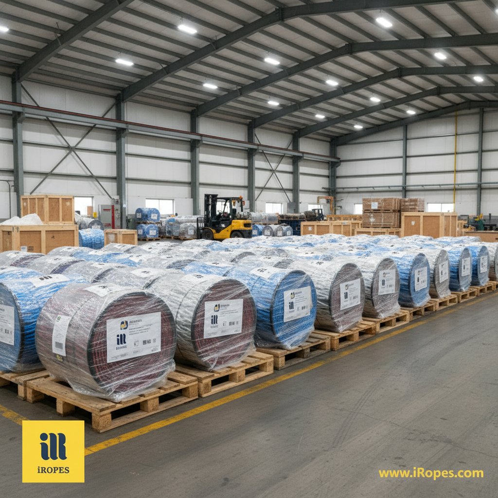 উজ্জ্বল ওভারহেড লাইটের অধীনে মাছ ধরা এবং নির্মাণ ফ্লিটের জন্য অর্গানাইজড ইনভেন্টরি দেখানো, আর্দ্রতা থেকে রক্ষা করে প্রটেকটিভ প্যাকেজিং সহ গ্লোবাল শিপমেন্টের জন্য প্রস্তুত কাস্টম-ব্র্যান্ডেড বাণিজ্যিক সামুদ্রিক দড়ির স্ট্যাকড প্যালেট একটা ওয়্যারহাউসে