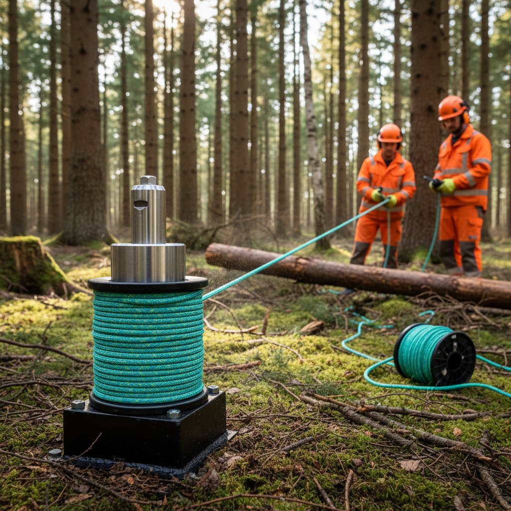 林業拖拉作業中卷揚絞盤的特寫，顯示編織繩索纏繞垂直鼓筒，拉運林區的圓木，強調負荷下的摩擦與抓握