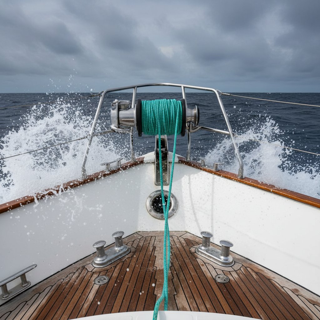 遊艇錨絞機從船首甲板部署尼龍繩索至波濤洶湧的藍色海洋，垂直鼓機構可見，浪花撞擊船殼，陰天下的粗海錨泊張力