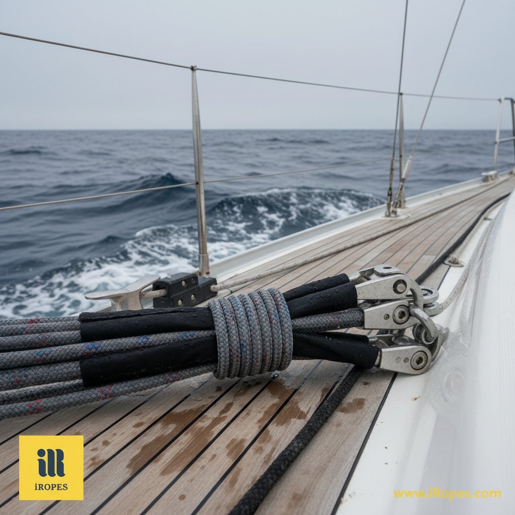 Strapping rope securing cargo on a yacht deck, coiled tightly around bundled equipment with visible low-stretch fibers and weather-resistant coating, set against a choppy sea with distant horizon under overcast skies.