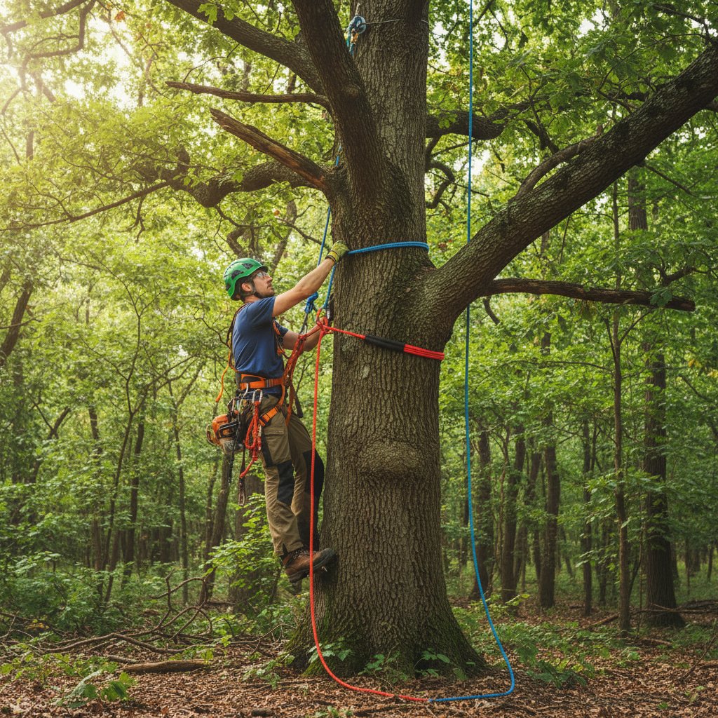 Protection rope setup in tree work, featuring a dynamic lanyard with energy-absorbing core attached to a harness, alongside edge guards and PVC sleeves shielding against bark and branches in a forested setting with filtered sunlight through leaves.