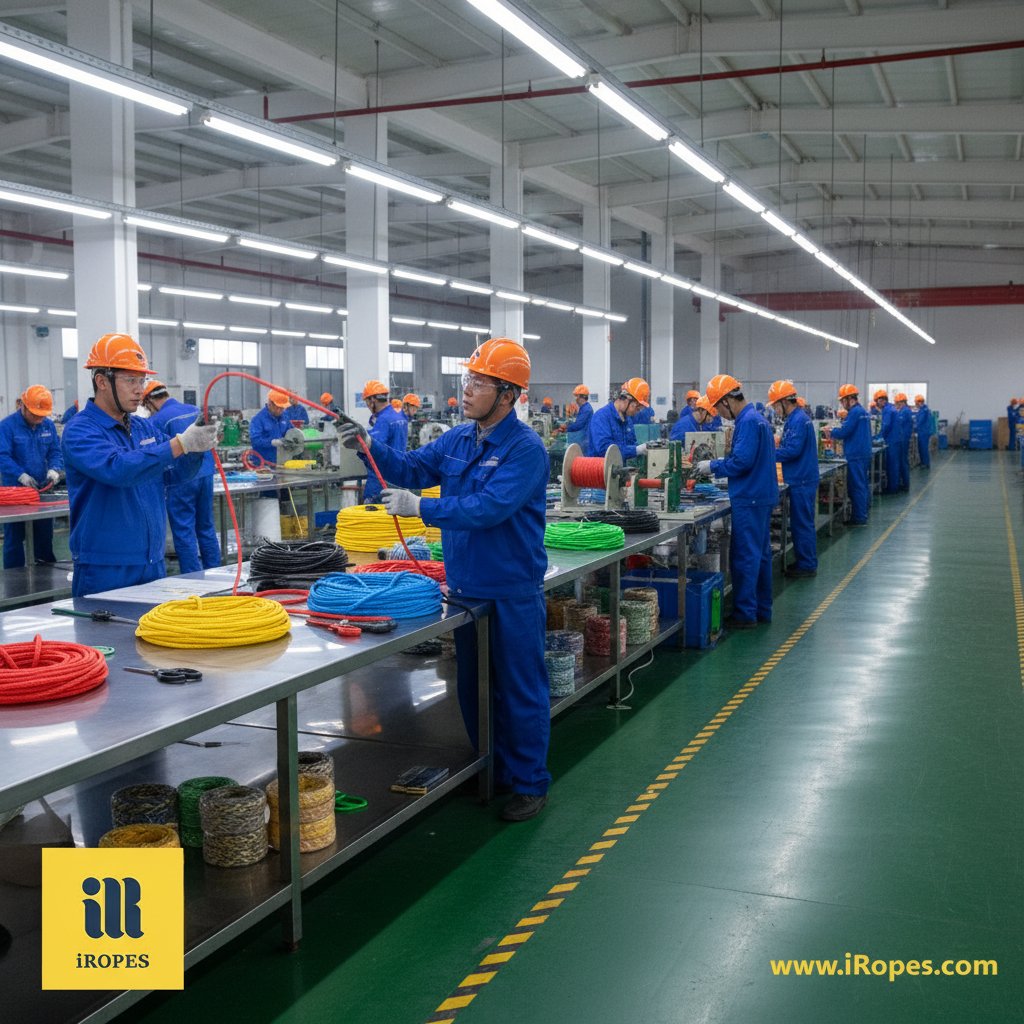 Customized ropes from iRopes on a production line, showing varied diameters and colours of boom, strapping, and protection ropes being inspected by skilled workers in a modern Chinese facility, with tools and material samples nearby under bright overhead lights.