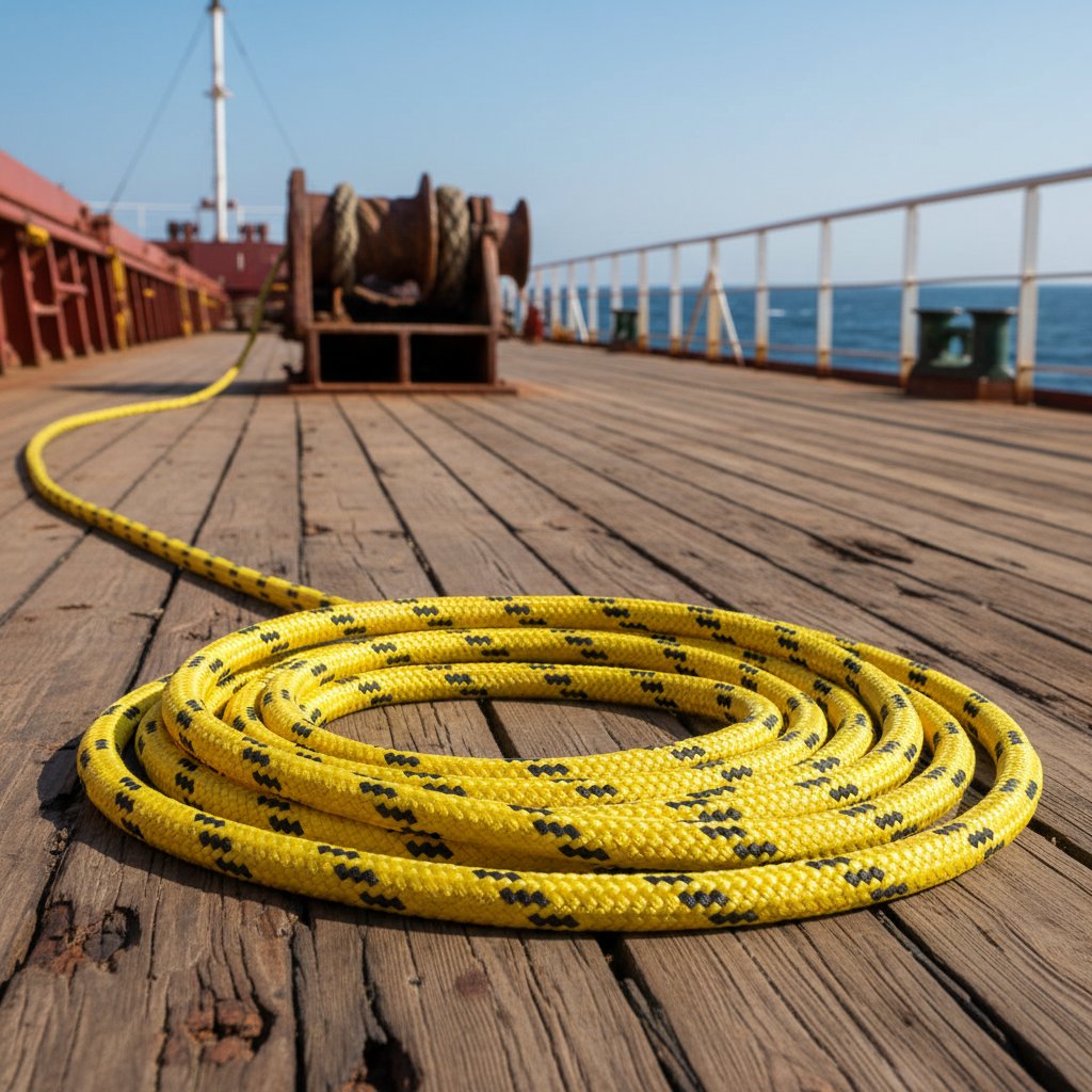 Zwinięta lina o wysokiej wytrzymałości na pokładzie statku z windą w tle, pasma błyszczące w słońcu, pokazujące solidną konstrukcję plecioną i siłę dla ciężkich obciążeń