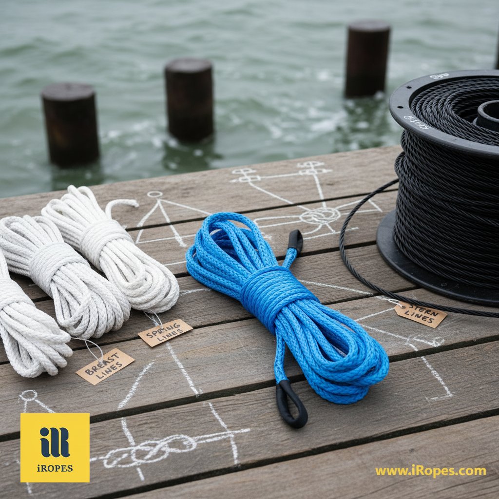 لقطة مقربة لعينات متنوعة من حبال الرسو تظهر مواد مختلفة مثل UHMWPE الأبيض، والنايلون الأزرق، وحبل سلكي ملتف على خلفية بحرية مع أمواج المحيط وعناصر الرصيف بألوان هادئة لإحساس مهني بحري