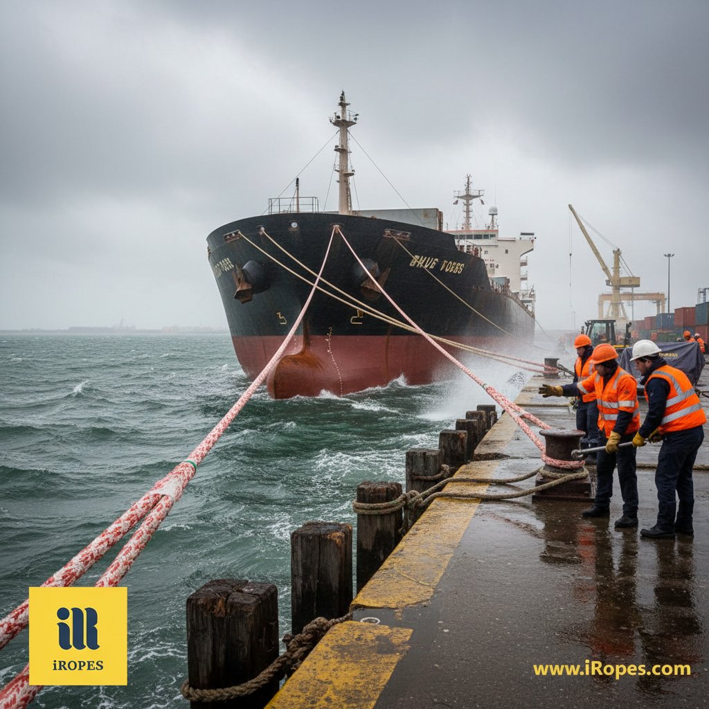 پنکھڑی پانیوں میں ایک بڑا جہاز موٹی لنگر کی رسیوں سے ڈاک کو محکم باندھا ہوا، ہوا اور لہروں کے خلاف رسیاں کھچی ہوئی دکھائی دے رہی ہیں جبکہ عملہ استحکام کے لیے انہیں ایڈجسٹ کر رہا ہے