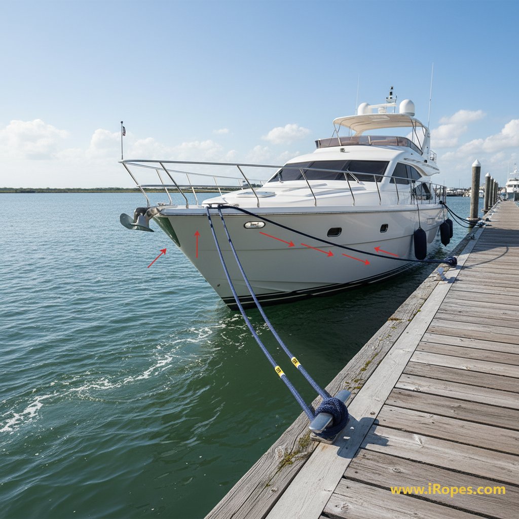 ڈایاگرام جو ہڈ، سٹرن، بریسٹ اور سپرنگ لنگر لائنز کو جہاز کے ساتھ ڈاک کے پاس دکھاتا ہے، تیر لہروں اور بہاؤ کے خلاف تناؤ کی سمتوں کو ظاہر کرتے ہیں