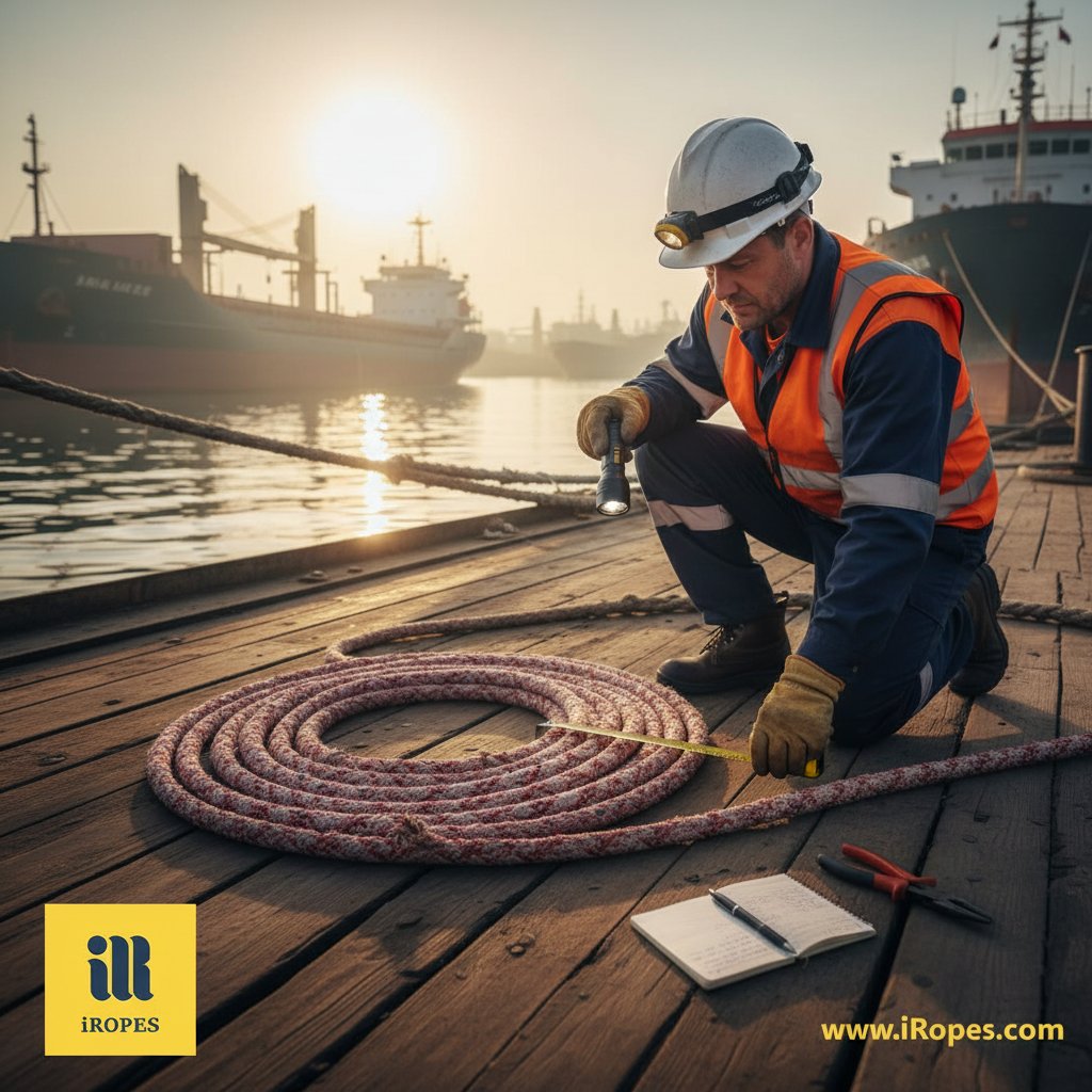 عملہ ممبر ڈیک پر کوائلڈ لنگر لائن کی گھساؤ اور پہناؤ کی جانچ کر رہا ہے، قریب ٹولز اور حفاظتی گیئر، بندرگاہی پس منظر میں محکم باندھے جہاز دکھاتا ہے