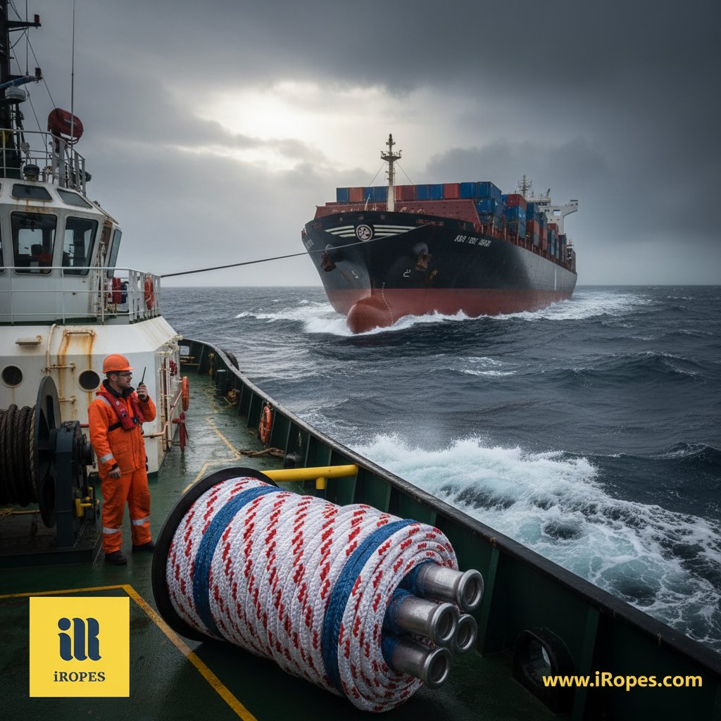 A double-braided ship tow rope in HMPE material stretched taut between a tugboat and a large cargo vessel on choppy ocean waves, featuring a protective jacket over the core, blue hue for visibility, coiled ends with metal thimbles, and saltwater spray in the air to convey high-stakes durability.