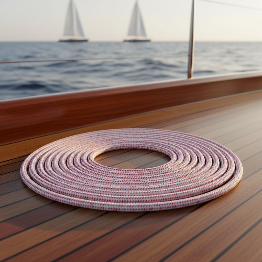 حبل يخت بحري من الديانيما ملفوف على سطح يخت لامع، يظهر ضفيرته البيضاء النحيلة اللامعة مقابل قضبان خشب الصندل المبخرة، مع أفق المحيط والشراع في الخلفية المبهمة تحت ضوء الساعة الذهبية