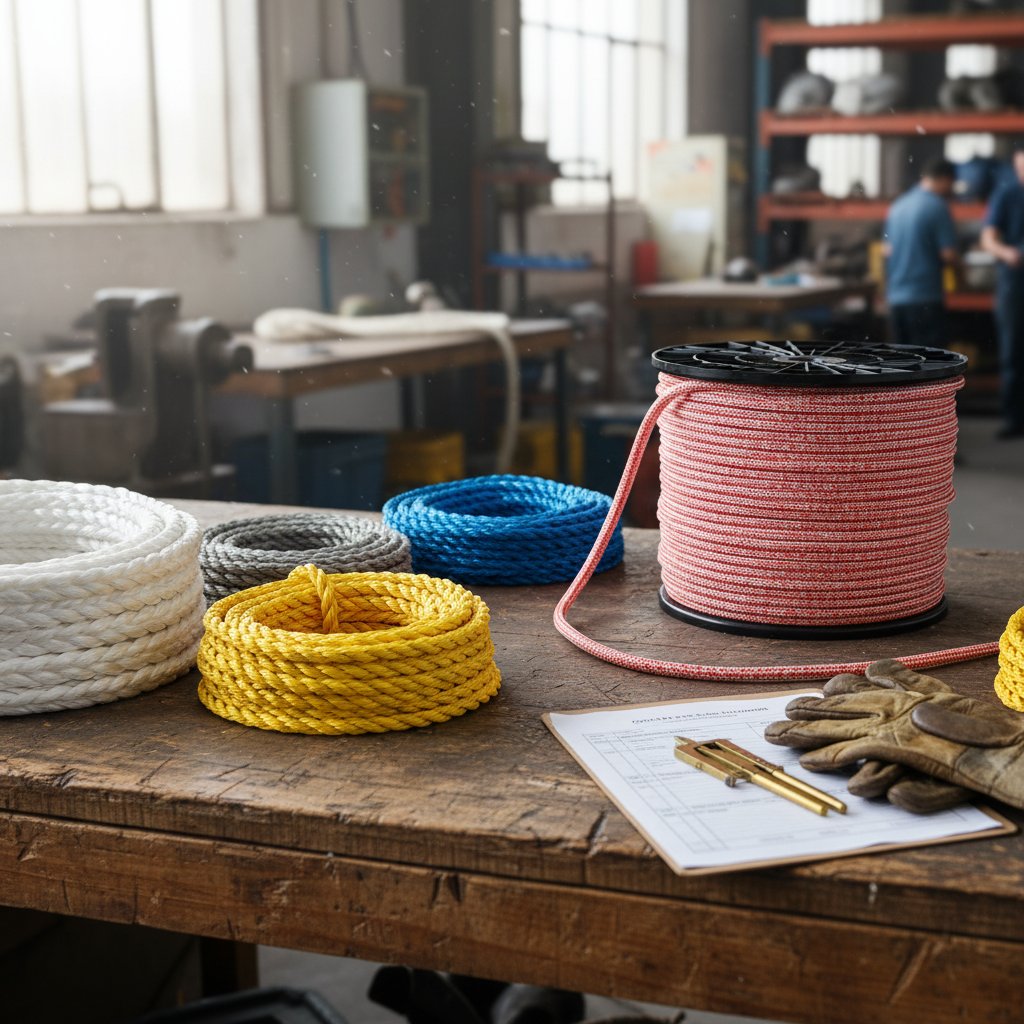ワークショップのテーブルに巻かれたさまざまな船舶係留ロープサンプル。ナイロンの滑らかな白い質感、ポリエステルの織られた灰色糸、HMPEの洗練された青い編み込み、ポリプロピレンの浮く黄色い撚りを自然光下でツール近くに示す
