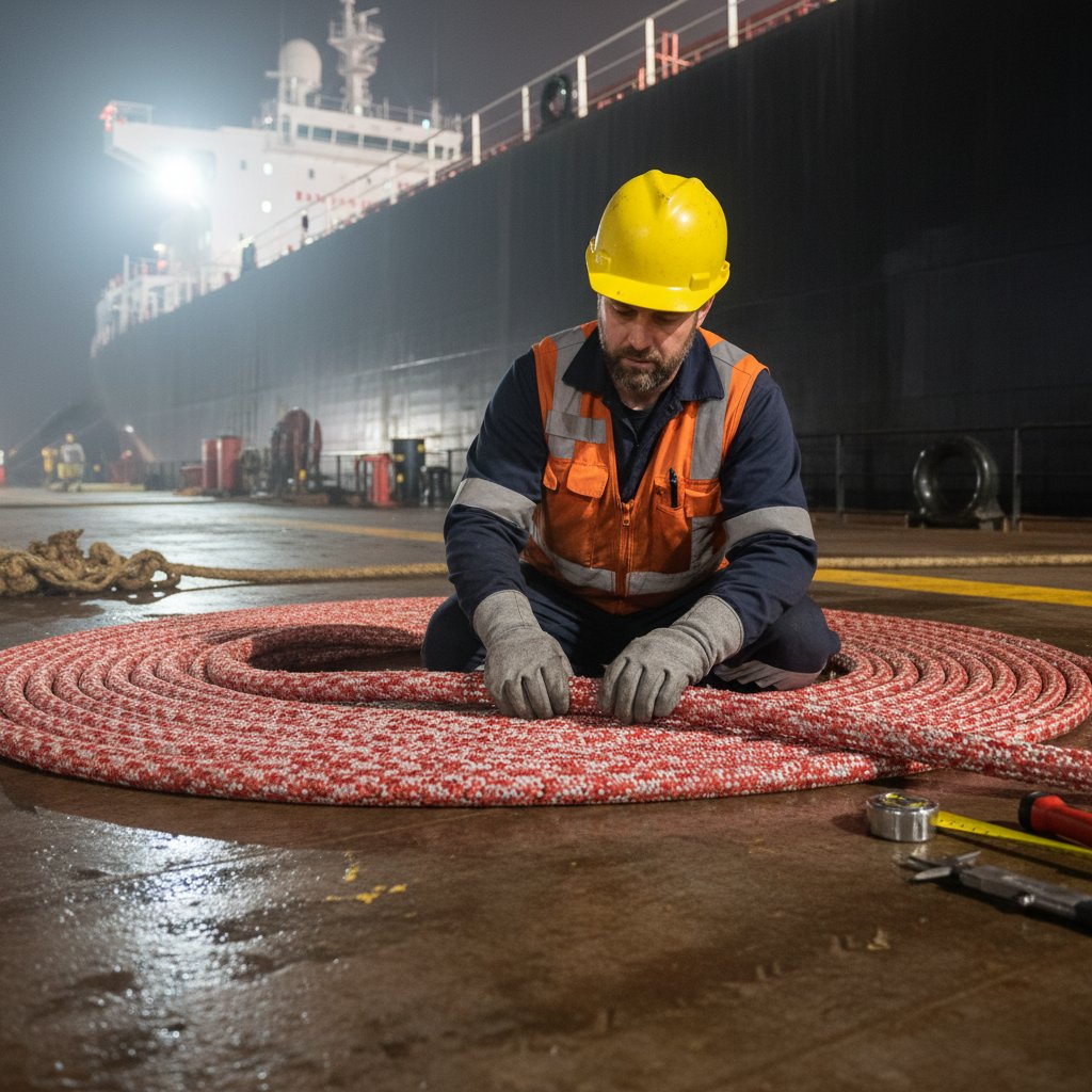 タンカー甲板で乗組員が巻かれた係留ロープを手作業で検査。ふわつきと柔らかい箇所を明るい港湾ライト下でチェックし、メジャーなどのツール近くに船体をソフトフォーカス