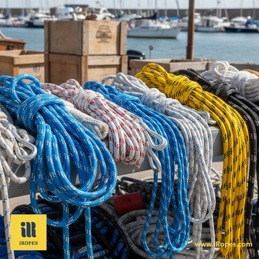 ناؤ خانے کی شیلف پر لپٹی ہوئی مختلف بحری رسیاں، جن میں نیلی اور سفید نائلان ڈاک لائنز، تھمبلز والی پولی اسٹر لنگر لائنز، اور مختلف موٹائیوں میں مورنگ رسیاں شامل ہیں، روشن دھوپ میں ان کی ساخت دار سطحیں اور یو وی مزاحم چمک نمایاں