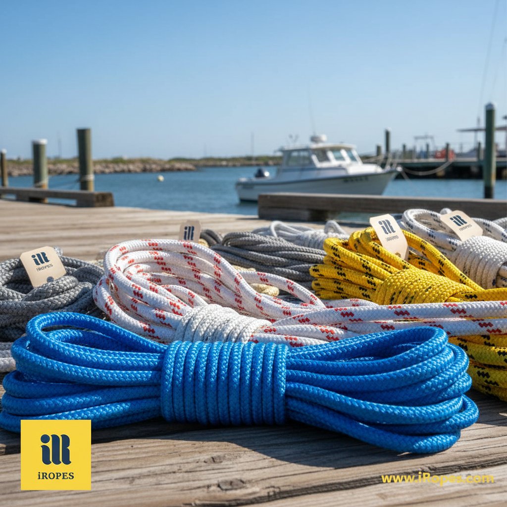 لمبی ڈاک پر لکڑی کے لکیر پر لپٹی ہوئی مختلف بحری رسیوں کی موٹائیاں، جو 1/4 انچ پتلی لائنز کو 1/2 انچ موٹی رسیوں کے پاس دکھاتی ہیں نائلان اور پولی اسٹر میں، پس منظر میں ایک چھوٹی کشتی دھندلی، صاف نیلے آسمان کے نیچے، کشتی سائزنگ کے لیے پیمانہ اور ساخت کے فرق پر زور دیتے ہوئے