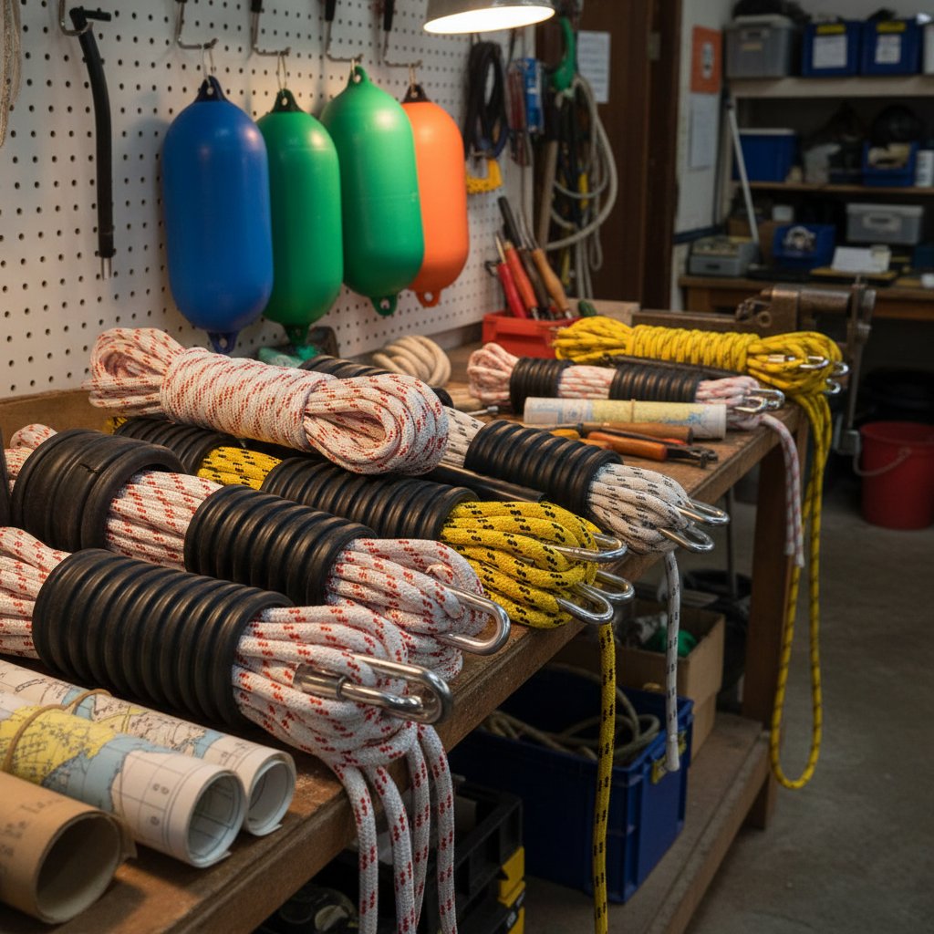 ورکشاپ کی بینچ پر دکھائے گئے بحری رسیوں کے معاون سامان کی مجموعہ، جو لپٹی ہوئی نائلان لائنز کے ارد گرد لپیٹے ہوئے سیاہ چاف گارڈز، رسی کی آنکھوں میں چمکدار سٹینلیس تھمبلز، قریب لٹکتے رنگین فینڈرز، اور نیوٹیکل چارٹس کے درمیان بکھرے سپلائسنگ ٹولز کو دکھاتے ہیں، نرم ورکشاپ لائٹنگ کے تحت جو ان کی حفاظتی ساخت اور دھاتی چمک کو نمایاں کرتی ہے