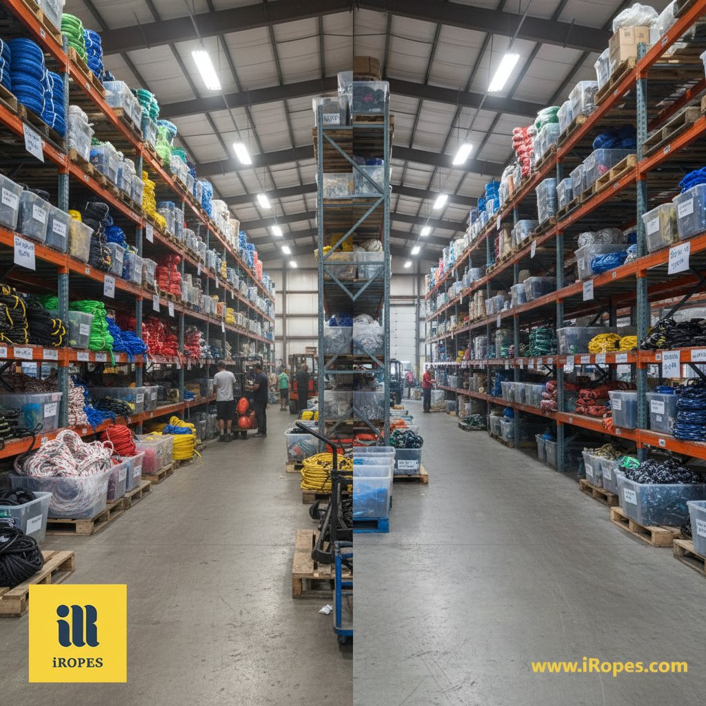 ناؤ خانے کے گودام کی شیلفز کو منظم کیا گیا ہے، گرمیوں کی ڈھیروں میں لپٹی بحری رسیوں کے مقابلے میں سردیوں کی خالی ترتیبوں کے ساتھ، جو ڈاک لائنز اور لنگر سامان کے لیے لیبل والے بنوں کو دکھاتی ہیں، فلوئورسینٹ لائٹس کے تحت جو کنکریٹ فلورز پر لمبی سائے ڈالتے ہیں، پیک سیزن کی وافر مقدار اور آف سیزن کی سادگی کے فرق کو پکڑتے ہوئے