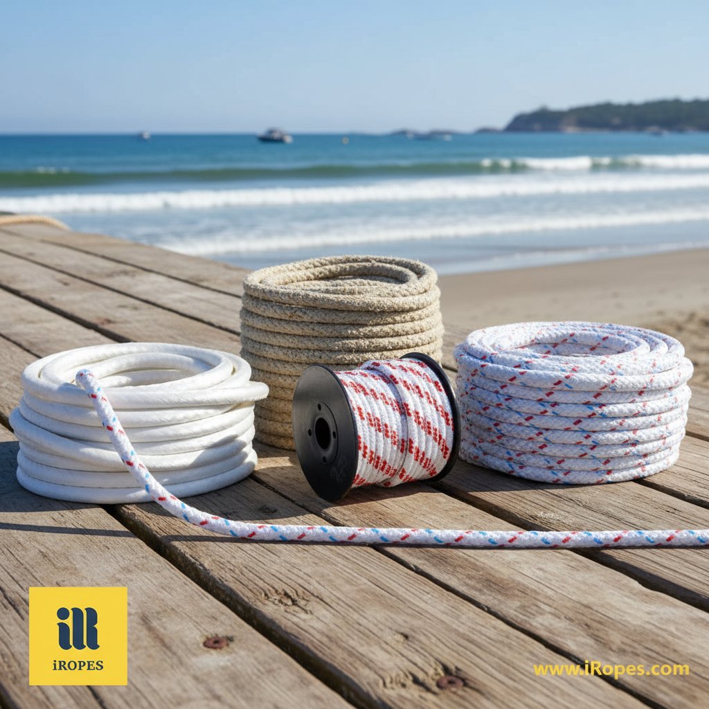 لکڑی کے ڈاک پر نائلان، پولی اسٹر، اور HMPE کی اقسام کی مڑی ہوئی بحری رسیاں سمندری لہروں کی پس منظر میں دکھائی گئی ہیں، قدرتی روشنی تلے ہموار بریڈز سے لے کر مڑی ہوئی سٹرینڈز تک مختلف ساختوں کو ظاہر کرتی ہیں