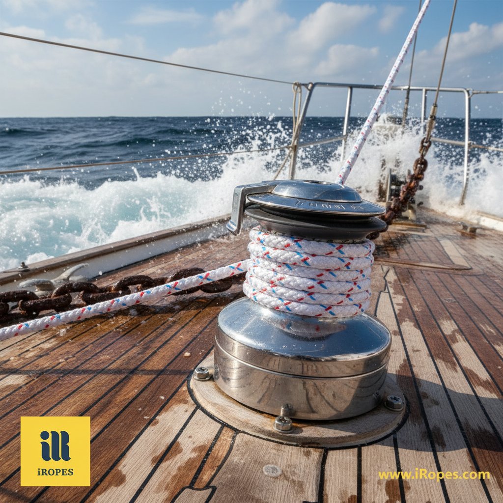 کشتی کے ڈیک پر نصب الیکٹرک بحری ونچ لنگر چین سے موٹی HMPE رسی کھینچ رہی ہے، ہوا میں نمکین پانی کا چھڑکاؤ اور لوڈ تلے لائن کو سخت پکڑے ڈرم کی واضح نظر