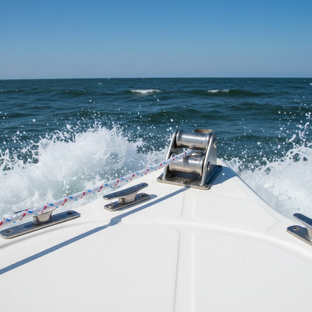 لنگر ڈالنے کے دوران کشتی کے بو پر بریڈڈ پولی اسٹر رسی کو ہدایت کرنے والا سٹینلیس سٹیل رولر فیئرلیڈ، سمندری افق اور لہروں کے جھاگ سے متحرک بحری ماحول اور فائبر گلاس ہل کے خلاف محکم فٹنگ کو دکھاتا ہے