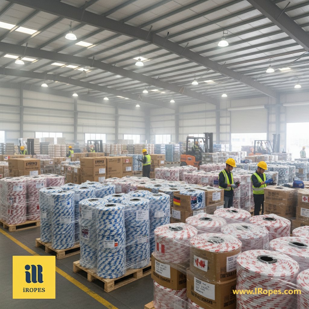 عالمی ترسیل کے لیے تیار کسٹم برانڈڈ بحری رسیاں کی پیلٹس کے ساتھ گودام کا منظر، مختلف رنگوں میں مڑی ہوئی لائنز اور حفاظتی پیکیجنگ زیرِ وارہاؤس لائٹس، تنظیم یافتہ اسٹیکس اور شپنگ لیبلز کی کارکردگی کو اجاگر کرتی ہے